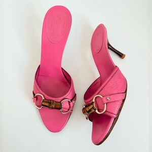 Gucci vintage Pink pebbled leather bamboo horsebit Tom Ford era mules heels 7.5